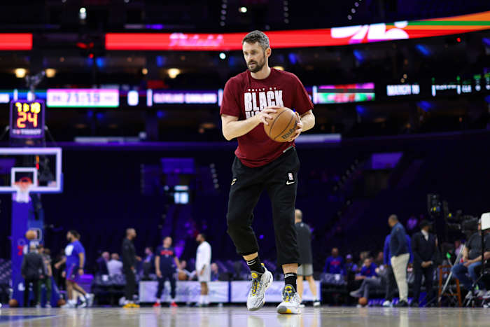 Feb 15, 2023; Philadelphia, Pennsylvania, USA; Cleveland Cavaliers forward Kevin Love before action against the Philadelphia 76ers at Wells Fargo Center. Mandatory Credit: Bill Streicher-USA TODAY Sports